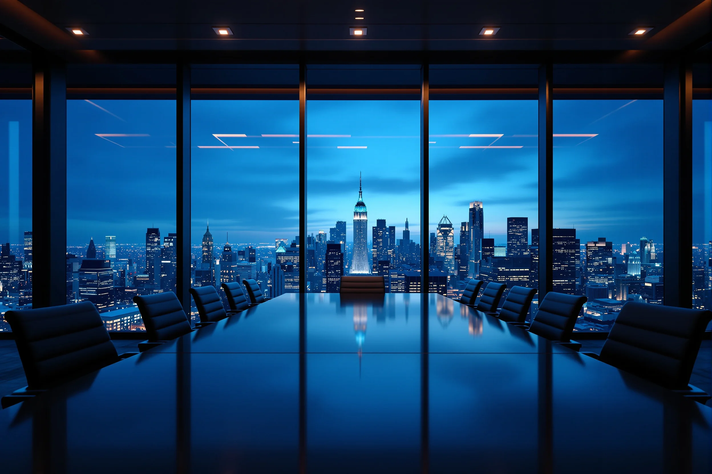 An executive boardroom overlooking a city skyline at dusk, representing the range of successful clients Remnant Wealth serves