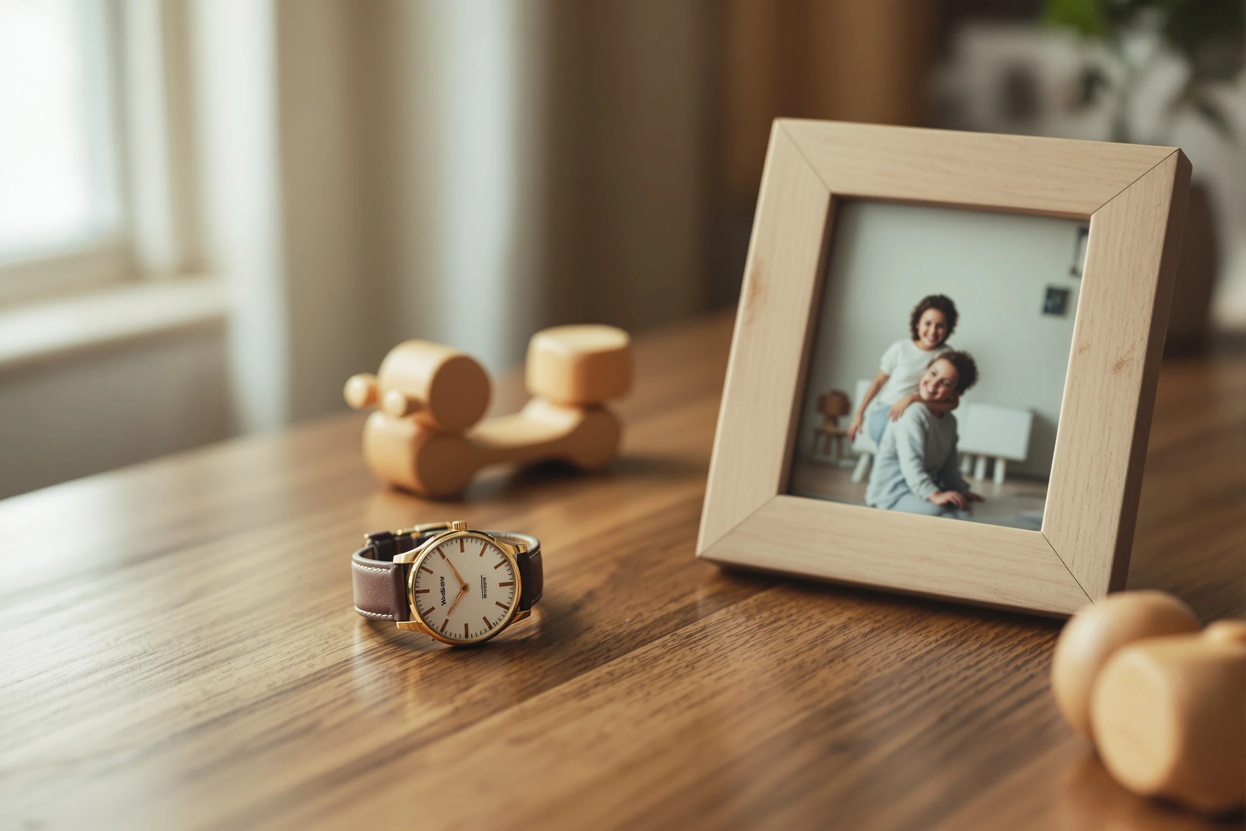 Heirloom objects across three generations on a wooden table in warm light, representing a lasting family legacy
