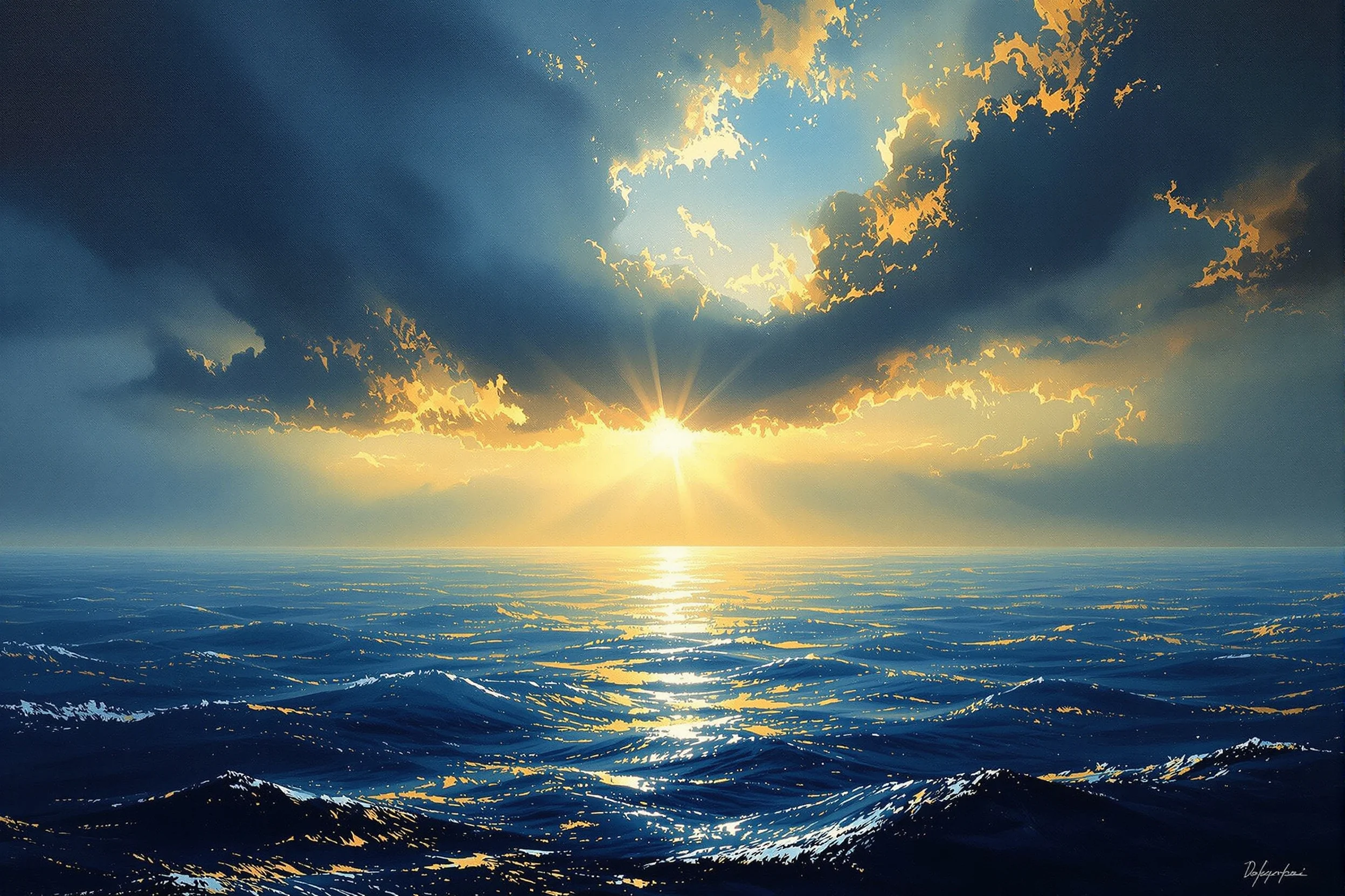 A calm horizon over open water with light breaking through a passing storm, representing discipline through market volatility