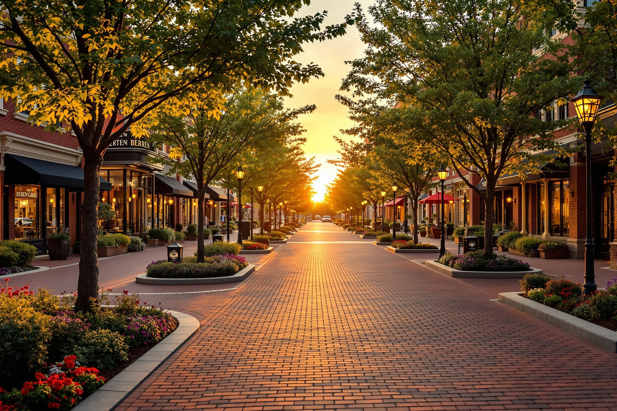 A warm, upscale Indiana town center at golden hour, representing Remnant Wealth serving Westfield