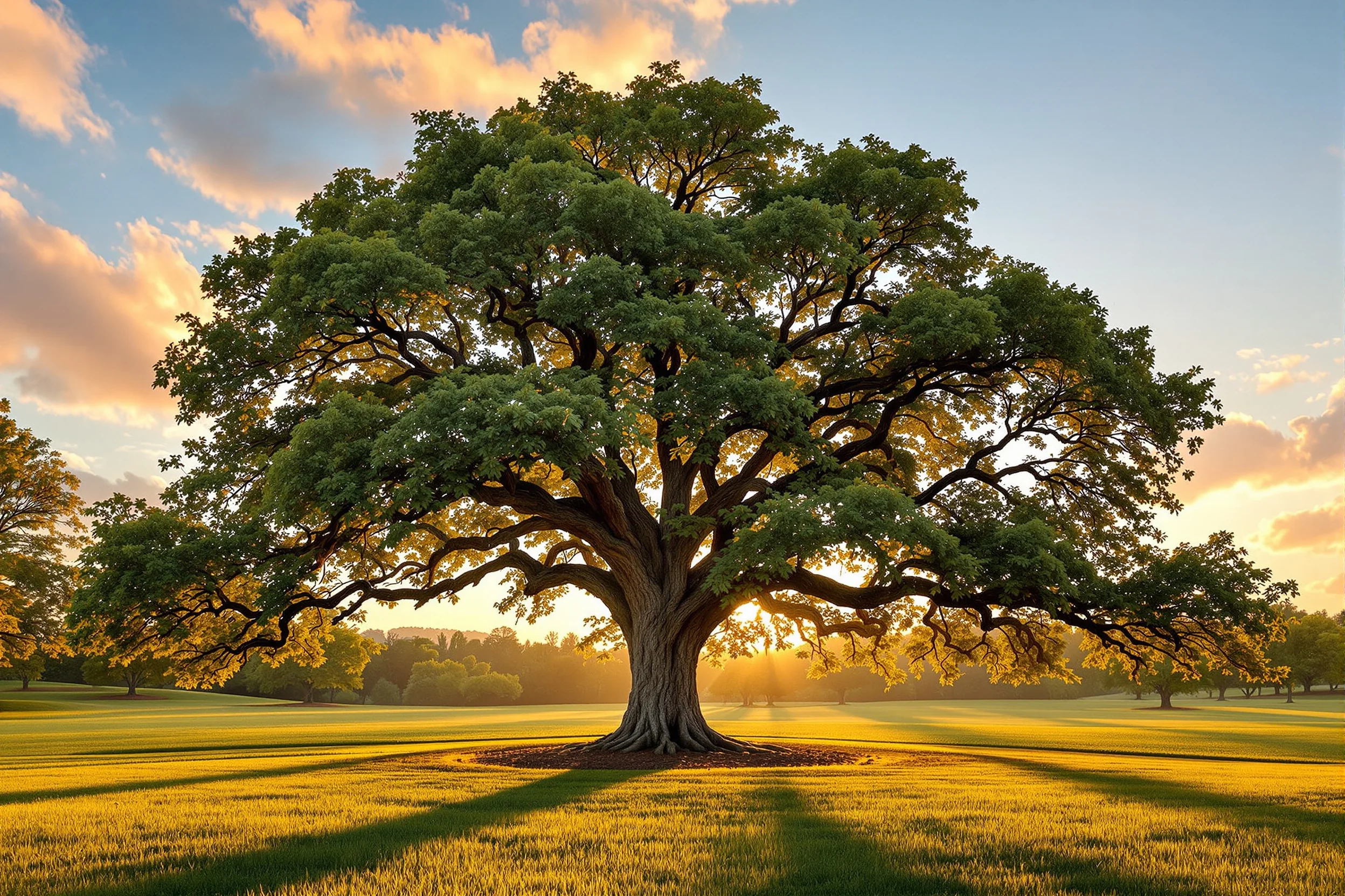 A majestic ancient oak tree on a manicured estate in golden light, representing a generational legacy that arrives intact
