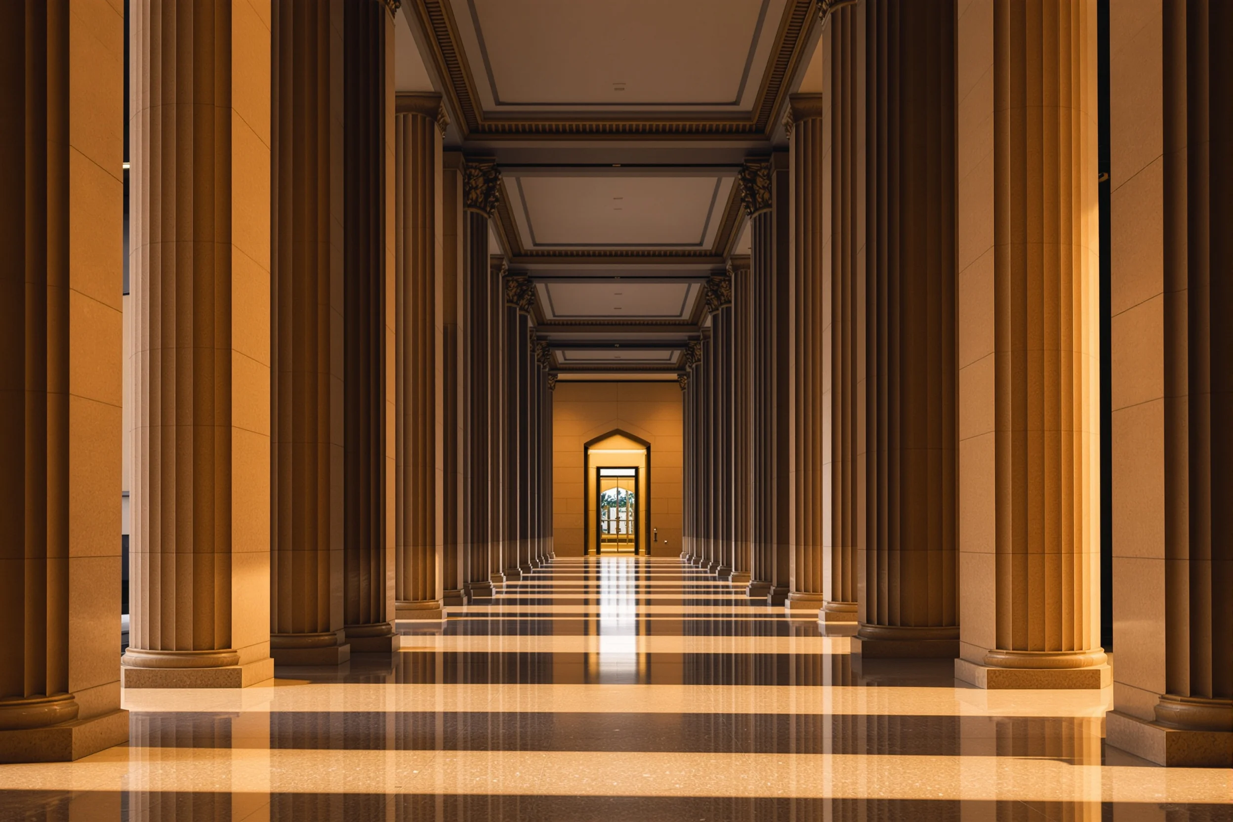 A symmetrical colonnade in warm light, representing disciplined, considered financial thinking
