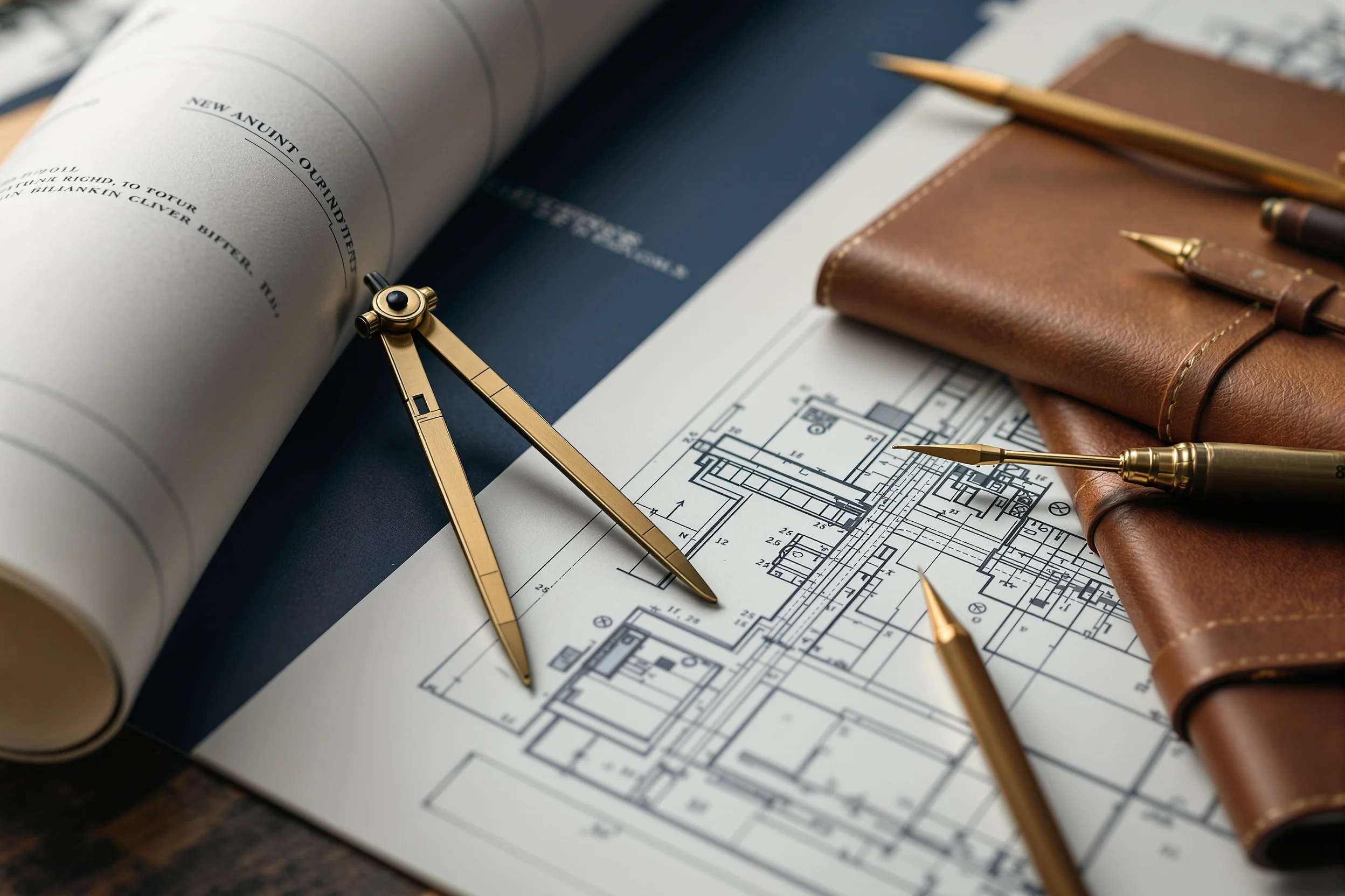An architect's brass compass, blueprint, and fine drafting tools on a warm-lit desk, representing precise, coordinated wealth planning