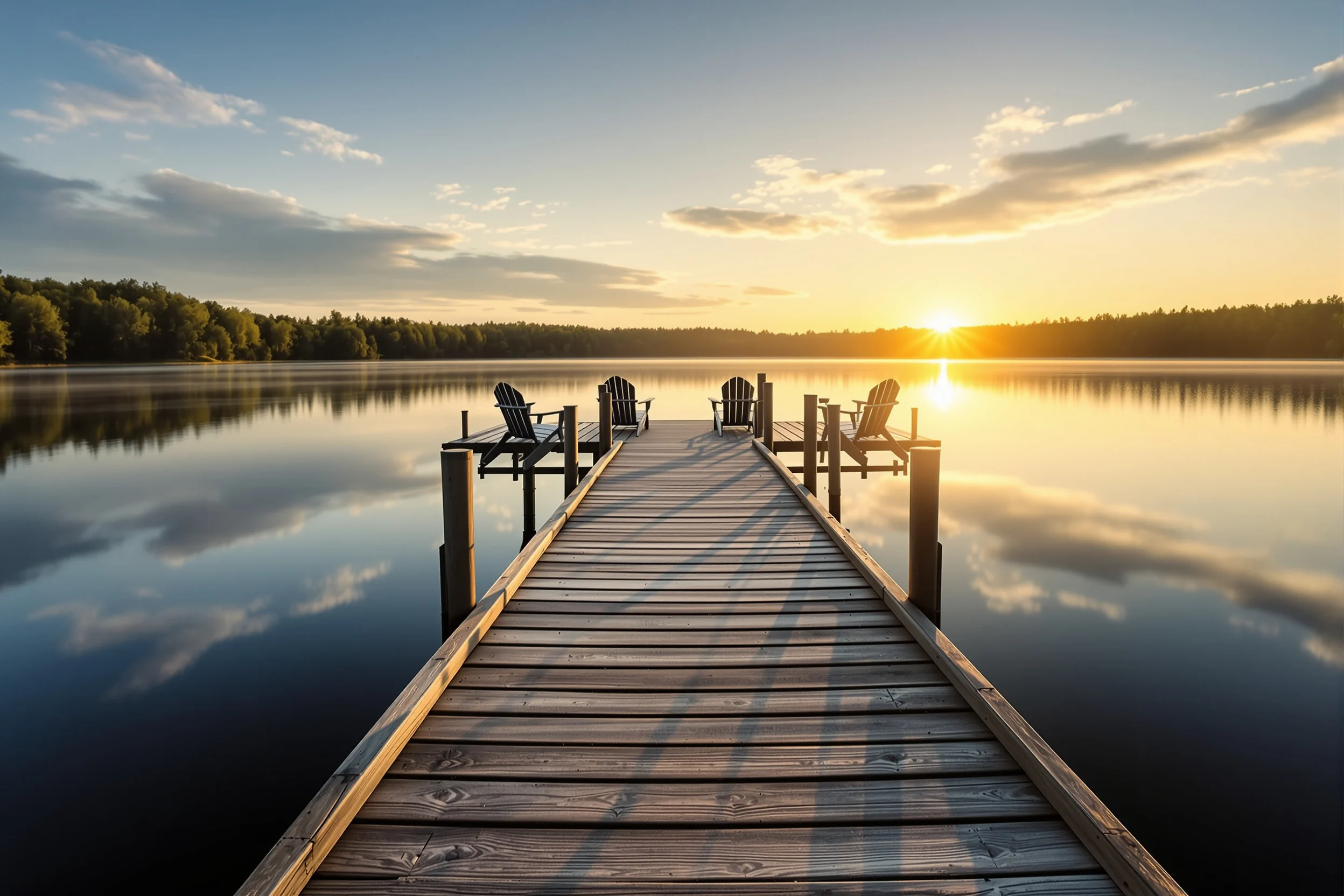 A wooden dock reaching into a calm lake at golden hour with two empty Adirondack chairs, representing confident, well-engineered retirement income