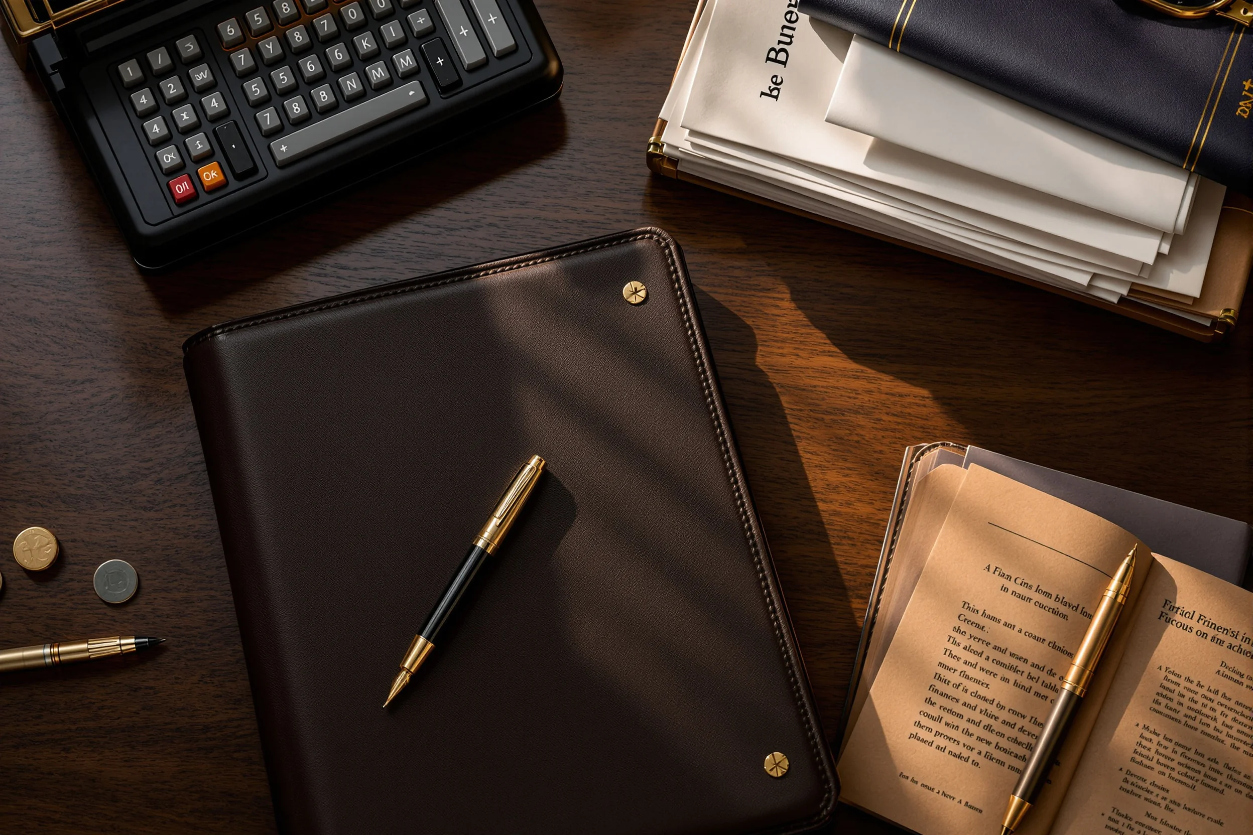 Overhead view of an elegant walnut desk with a fountain pen, leather portfolio, and brass adding machine in warm morning light, symbolizing deliberate multi-year tax planning